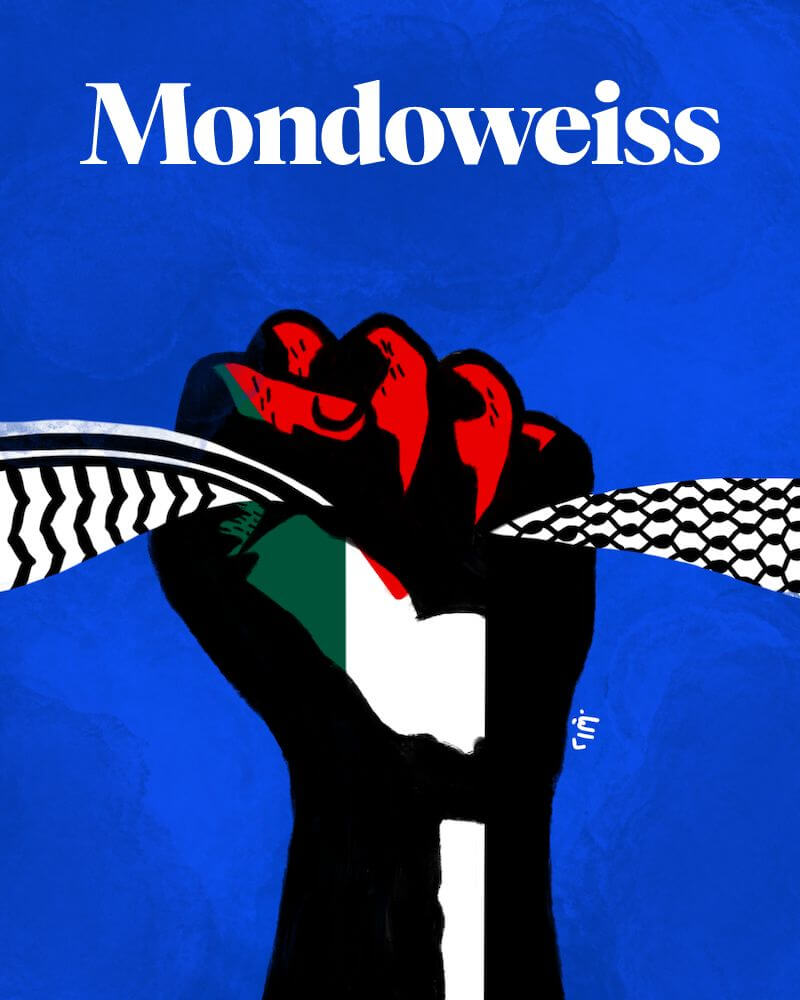 A fist is colored in the national colors and pattern of the Palestinian flag. It is gripping a keffiyeh printed with the traditional Palestinian print. Above it is the Mondoweiss logo.