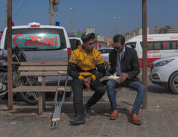 Tareq Hajjaj reporting in Gaza. (Photo: Mohammed Salem)