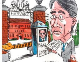 Ken Roth at the gates of Harvard (Cartoon: Carlos Latuff)