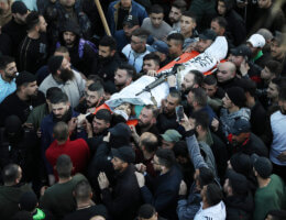 Mourners carry the bodies of the 10 Palestinian martyrs killed during the Israeli army's invasion of Nablus on February 22, 2023. (Photo: Stringer/APA Images)