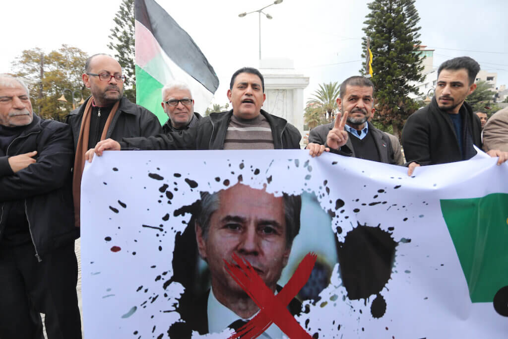 Palestinians take part in a protest against the visiting of US Secretary of State Antony Blinken to the region, in Gaza city on January 31, 2023. (Photo: Ashraf Amra/APA Images)
