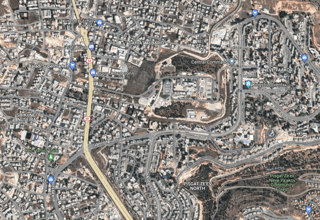 Map of Neve Yaakov showing the location of the Israeli military Central Command.