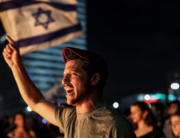 A protester in military paraphernalia shouts slogans during a mass anti-government protest following Benjamin Netanyahu's dismissal of Defense Minister Yoav Galant. (Photo: Ilia Yefimovich/dpa via ZUMA Press/APAIMAGES)