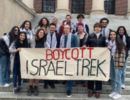 Members of the Harvard College Palestine Solidarity Committee calling on students to boycott the "Israel Trek" Spring Break trip to Israel.