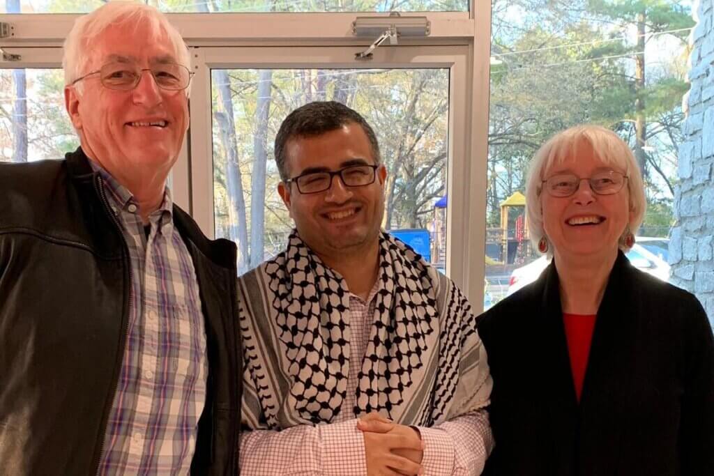 Ahmed Abu Artema meeting Cindy and Craig Corrie during a speaking tour in the United States. (Photo: Jennifer Bing)