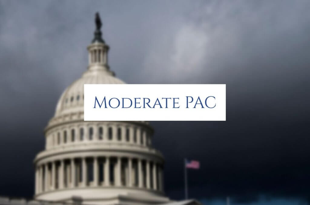 The logo for Moderate PAC above an image of the United States Capital building during a storm with dark clouds in the background.