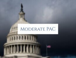 The logo for Moderate PAC above an image of the United States Capital building during a storm with dark clouds in the background.
