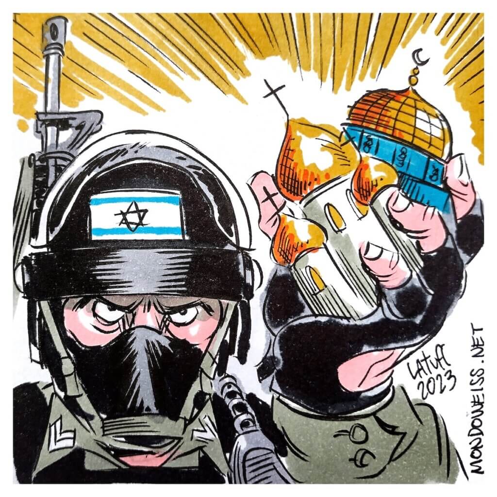 An illustration of an Israeli soldier holding a church and a mosque in a menacing manner, symbolizing recent Israeli attacks on Christian and Muslim places of worship. (Cartoon: Carlos Latuff)
