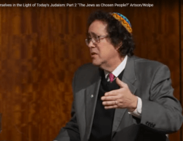 Rabbi Brad Artson speaking at Sinai Temple in Los Angeles on Jan. 8, 2023. Screenshot from Jewish Broadcasting Service video posted in April 2023.