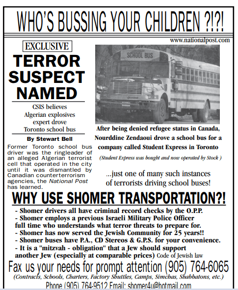 Jewish Tribune advertisement warning against the dangers of hiring Muslim bus drivers - March 22, 2007
