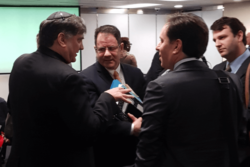JDL honcho, Meir Weinstein (left) with B’nai Brith’s Michael Mostyn and CIJA’s Noah Shack (right) at Toronto City Hall on May 1, 2019. All those featured unsuccessfully argued for banning the annual Al-Quds march.