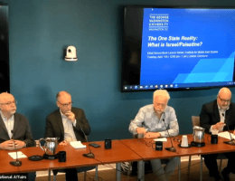 Four editors of a new book about the One State Reality in Israel/Palestine-- who characterize it as "apartheid" -- speak at an April 11 panel at George Washington University. From left to right, Shibley Telhami, Marc Lynch, Nathan Brown, and Michael Barnett. Screenshot from GWU video.