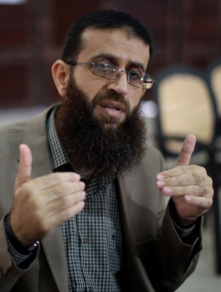 Khader Adnan speaking to the media following his release from Israeli prison in 2015.