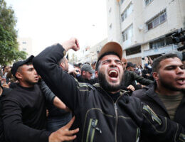 Palestinian mourners at the funeral procession of those who were killed in Gaza during Israeli airstrikes. May 9, 2023 (APA Images)