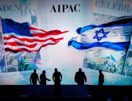 Workers put the finishing touches on the stage at the annual American Israel Public Affairs Conference in Washington in March 2015. (Photo: Pete Marovich/European Pressphoto Agency)