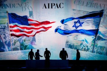 Workers put the finishing touches on the stage at the annual American Israel Public Affairs Conference in Washington in March 2015. (Photo: Pete Marovich/European Pressphoto Agency)