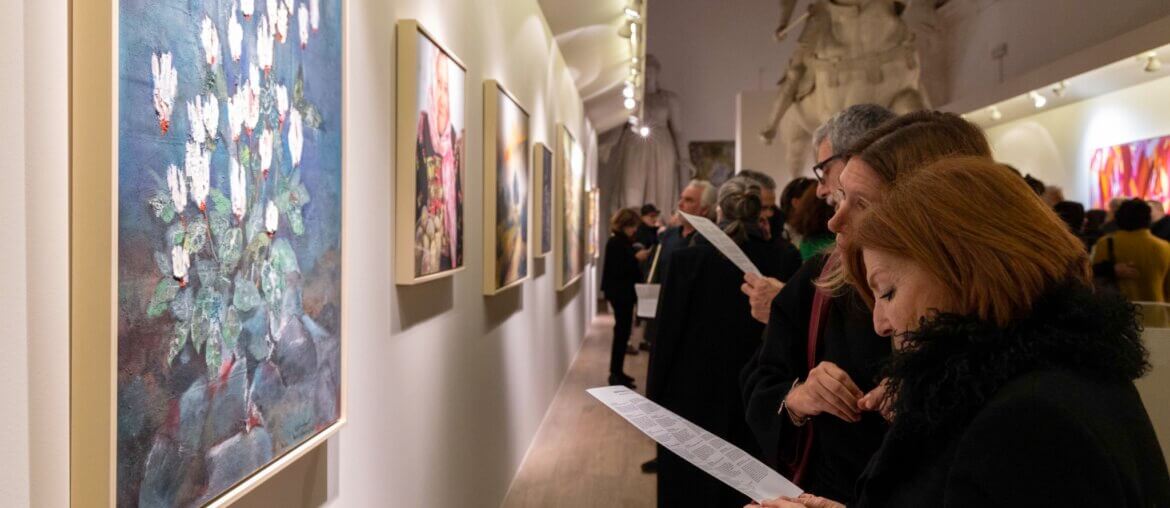 Visitors admire the "From Palestine With Art" exhibit at the Accademia di Belle Arti di Roma, that was held from February 2-24, 2023 organized by the Palestine Museum US. (Photo: Twitter.com/PalMuseumUS)