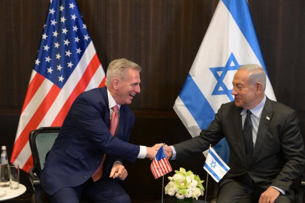Speaker of the House Kevin McCarthy meeting with Benjamin Netanyahu during a trip to Israel on May 1, 2023. (Photo: Amos Ben Gershom, GPO)
