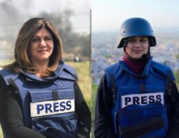 Two side-by-side photos of Shireen Abu Akleh (left) and Shatha Hanaysha (right), both wearing their press vests and protective gear.