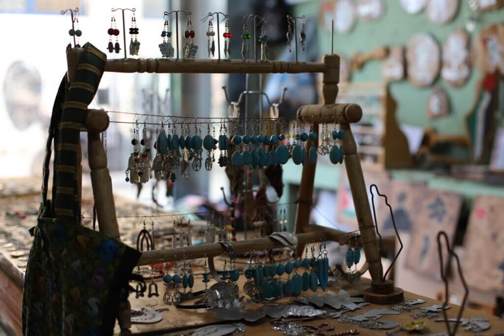 Jewelry made out of tear gas canisters that have ben fired by Israeli forces into the Aida refugee camp. (Malik Hamamra/Mondoweiss) Aida Refugee Camp, occupied West Bank, May 2023.