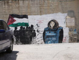 A mural of slain Palestinian journalist Shireen Abu Akleh painted on a wall inside the camp. (Malik Hamamra/Mondoweiss) Aida Refugee Camp, occupied West Bank, May 2023.