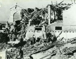 Black-and-white photo showing the runs of the Serai building in Jaffa after the explosion carried out by the Lehi-Stern Gang on January 4, 1948.