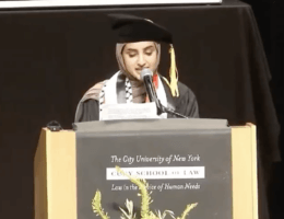 Fatima Mohammed addressing the City University of New York (CUNY) School of Law commencement on May 12, 2023.
