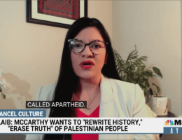 Rep. Rashida Tlaib speaks of Israeli apartheid and her Nakba commemoration ceremony at the Capitol, to Ayman Mohyeldin on MSNBC, May 13, 2023. Screenshot.