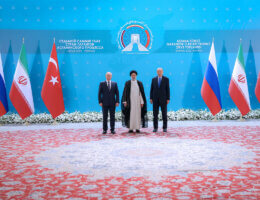 Iran's President EBRAHIM RAISI (center), Russian President VLADIMIR PUTIN (left), and Turkish President RECEP TAYYIP ERDOGAN (right) during a trilateral summit in Tehran, Iran