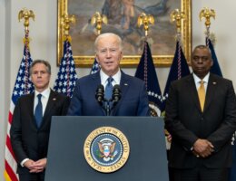 Joe Biden, joined by Secretary of State Antony Blinken and Defense Secretary Lloyd Austin, delivers remarks on January 25, 2023, in the White House. (Official White House Photo by Cameron Smith)