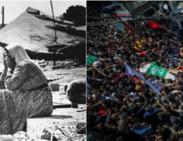 Left: a balck-and-white photo depicting two Palestinian women sitting on the curb and weeping after discovering the bodies of family members in Sabra refugee camp in Lebanon, during the Sabra and Shatilla massacre in 1982. Right: an overhead shot of the funeral procession of 12 martyrs killed in an Israeli airstrike in Gaza on May 9, 2023.