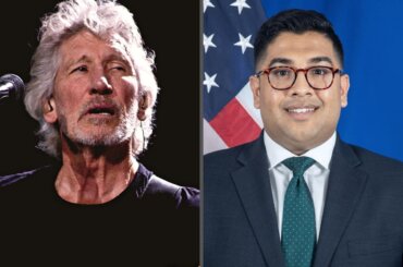 Roger Waters (l) and State Department spokesperson Vedant Patel