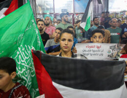 Supporters of the Hamas movement demonstrate in Jabalia in the Gaza Strip on July 3, 2023, to protest the Israeli military operation in the West Bank city of Jenin. (Photo: Ramez Haboub/APA Images)