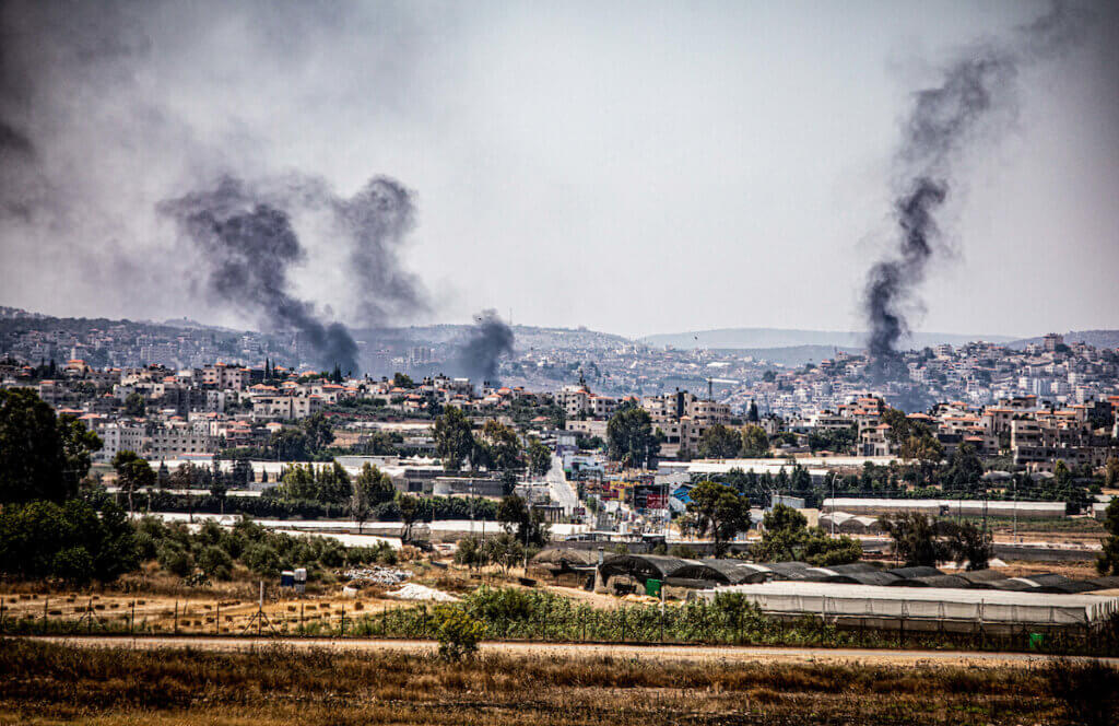 Smoke rises over the West Bank city of Jenin. Israel launched a major aerial and ground offensive into the West Bank city of Jenin, its biggest military operation in the Palestinian territory in over 20 years, July 3, 2023. (Photo: Eyal Warshavsky/SOPA Images via ZUMA Press Wire/APA images)