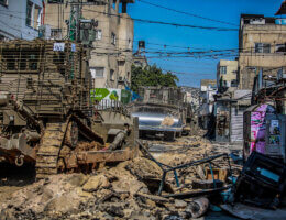 Israeli military bulldozers seen leveling roads and destroying the center of the Jenin refugee camp during a raid on the camp near the West Bank city of Jenin, July 3, 2023. (Photo: Nasser Ishtayeh/SOPA Images via ZUMA Press Wire/APA Images)
