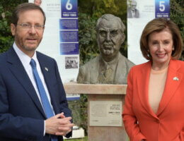 Isaac Herzog, stands next to a bust of his father, Chaim Herzog, during a visit with Nancy Pelosi in Israel on February 16, 2022. (Photo: Amos Ben Gershom / GPO)