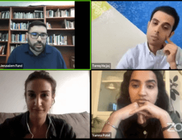 Tareq Hajjaj, Mariam Barghouti and Yumna Patel of the Mondoweiss Palestine bureau speak to Jehad Abusalim of the Jerusalem Fund/Palestine Center on July 20, 2023. Screenshot.