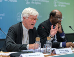 WCC central committee moderator Bishop Dr Heinrich Bedford Strohm speaks at a press conference as the World Council of Churches central committee gathered in Geneva on 21-27 June 2023, for its first full meeting following the WCC 11th Assembly in Karlsruhe in 2022. (Photo: Albin Hillert/WCC)