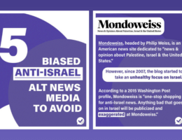 Images shared online by the pro-Israel propaganda organization Honest Reporting, smearing Mondoweiss as one of their "top-five anti-Israel alt news sites to avoid".