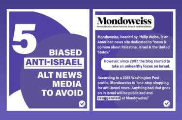 Images shared online by the pro-Israel propaganda organization Honest Reporting, smearing Mondoweiss as one of their "top-five anti-Israel alt news sites to avoid".