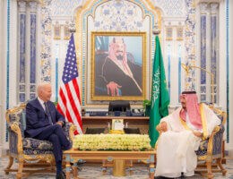 Saudi King Salman bin Abdulaziz Al Saud (right) meets with U.S. President Joe Biden (Left) at the Al-Salam Palace in Jeddah, Saudi Arabia, on July 15, 2022. Both men are seated and facing one another, smiling.
