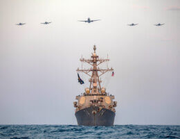 The guided-missile destroyer USS McFaul (DDG 74) conducts a photo exercise with a U.S. Navy P-8 Poseidon and four U.S. Air Force A-10 Thunderbolt II’s in the Arabian Gulf, Aug. 4, 2023. (Photo: Mass Communication Specialist 2nd Class Juel Foster via www.navy.mil)