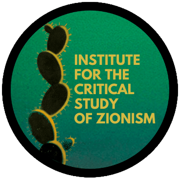 A logo depicting a green-colored circle with black edges. Overlaid on top of the green are the words "Institute for the Critical Study of Zionism" on the right, while on the left side of the circle is an illustration of cactus plants that represent Palestinian steadfastness and resilience.