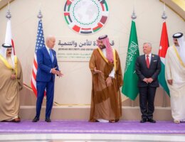 Saudi Crown Prince Mohammed bin Salman and US President Joe Biden gesture as they stand for a photo ahead of the Jeddah Security and Development Summit in Jeddah, Saudi Arabia, July 16, 2022. (Photo via Saudi Royal Court)