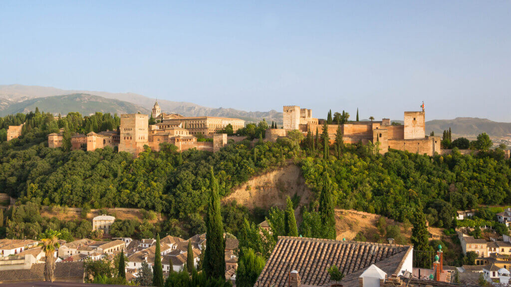 The whole Alhambra, as seen from the mirador San Nicolas, Granada, Spain.