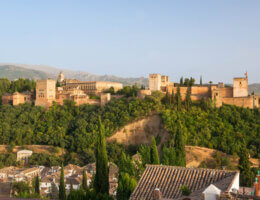 The whole Alhambra, as seen from the mirador San Nicolas, Granada, Spain.