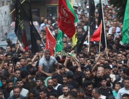 Palestinians carry the bodies of the Milad Al-Ra’i during his ﻿funeral in Al-Aroub refugee camp, ﻿north of the West Bank city of Hebron, on September 10, 2023. (Photo: APA Images)