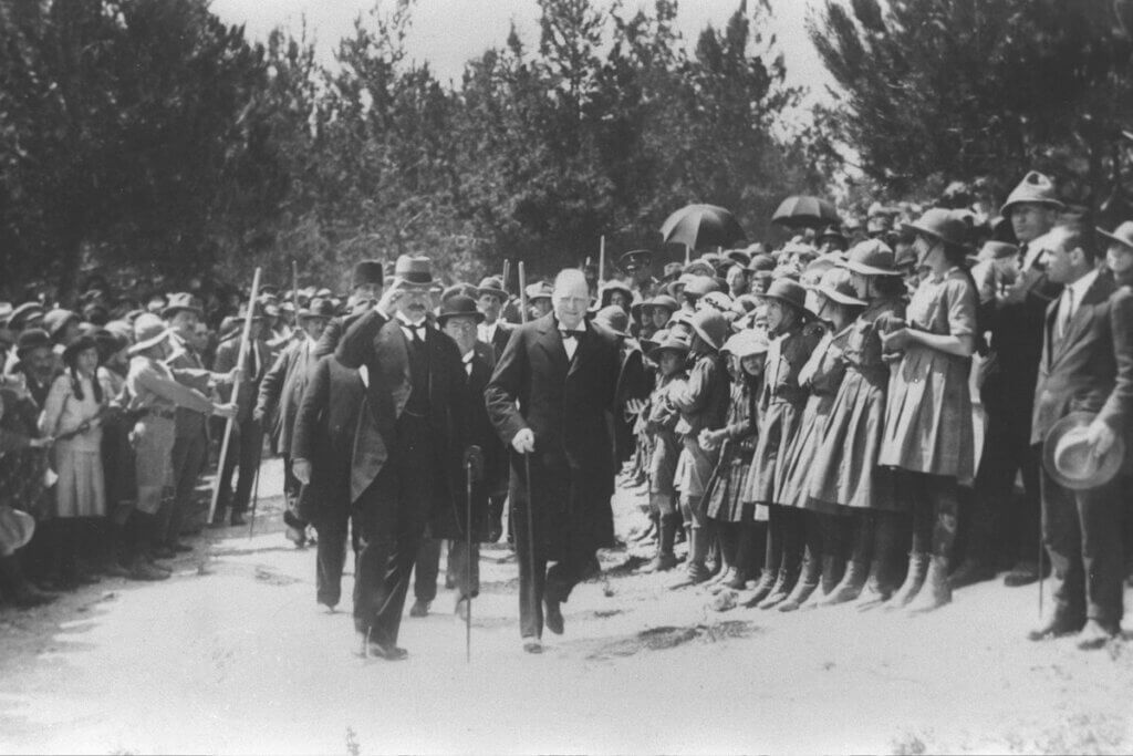 British Home Secretary Winston Churchill (right) escorted by High Commissioner Herbert Samuel, in Jerusalem during the British Mandate period. (Photo: Wikimedia)