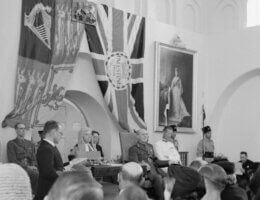 Field Marshal Viscount Gort (seated, with the flag of the Palestine High Commission behind him) being sworn in as High Commissioner and Commander-in-Chief of Palestine and Transjordan at Government House, Jerusalem, November 1, 1944. (Photo: Wikimedia)