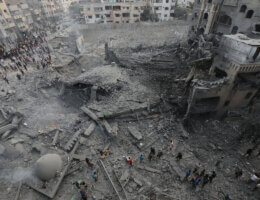 An aerial photo of the destruction to the Sousi Mosque in Gaza City, following an Israeli airstrike on October 9, 2023.